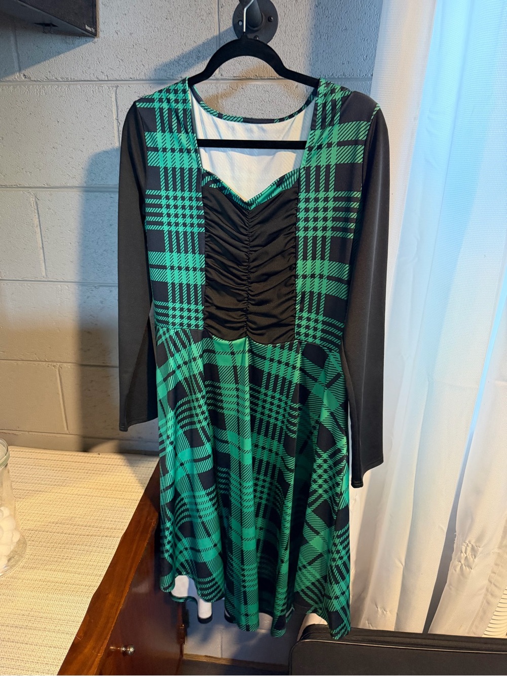 Green Plaid Fit & Flare Dress with Ruched Bodice